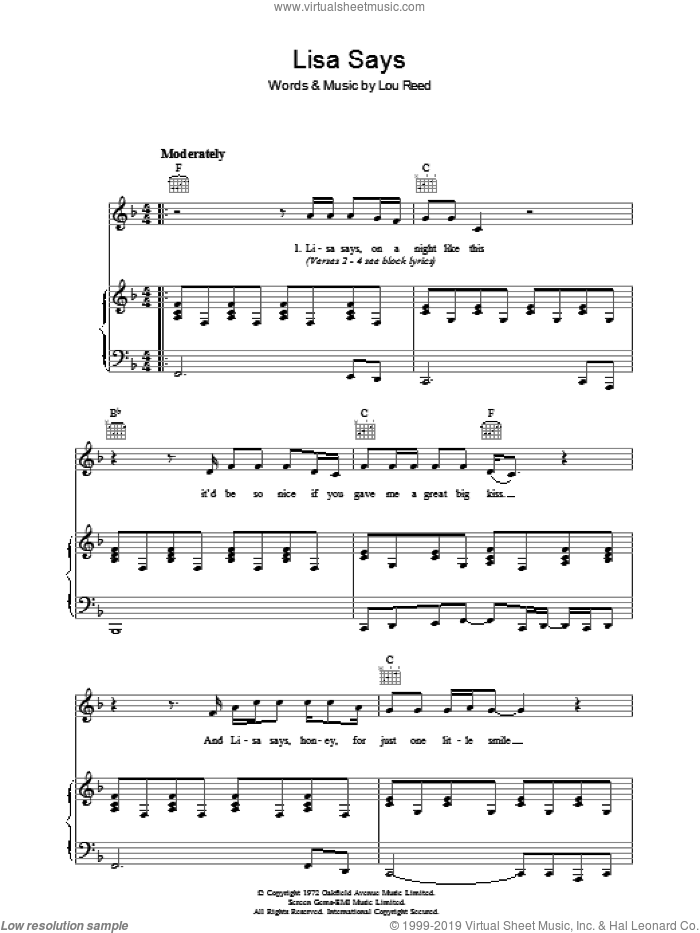 Lisa Says sheet music for voice, piano or guitar by Lou Reed, intermediate skill level