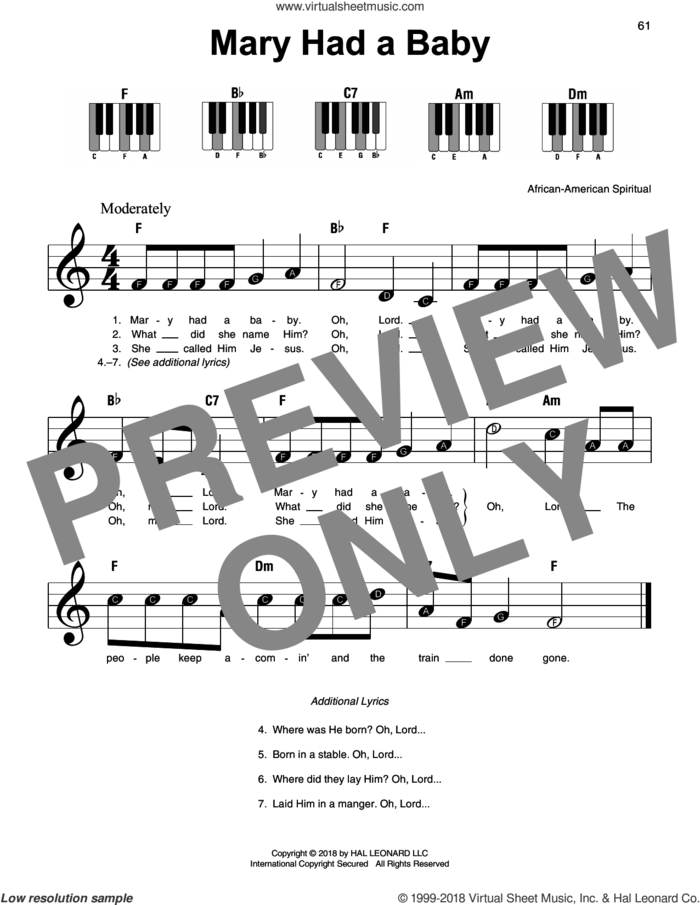 Mary Had A Baby sheet music for piano solo, beginner skill level