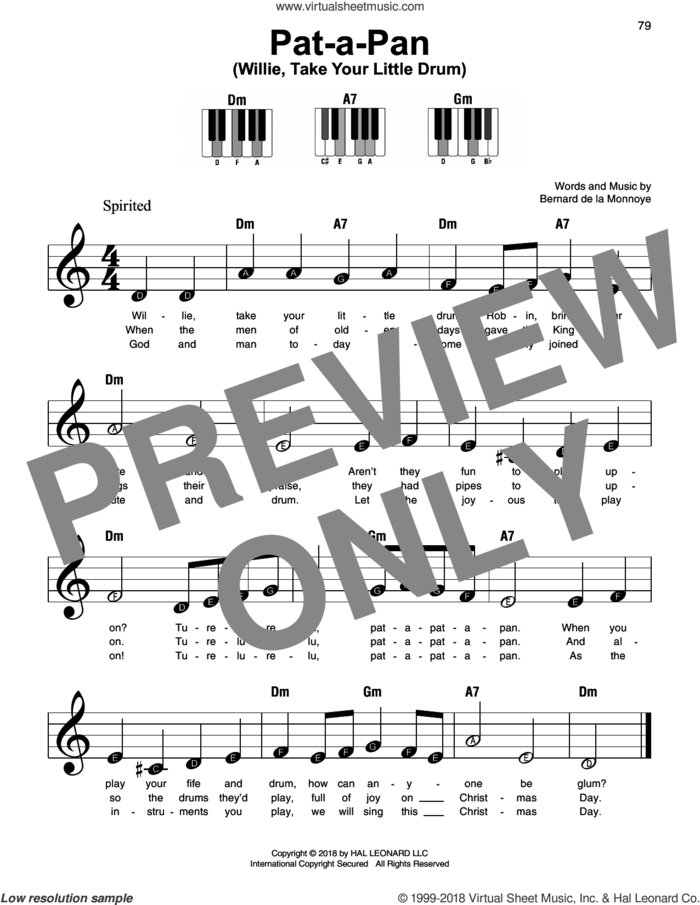 Pat-A-Pan (Willie, Take Your Little Drum) sheet music for piano solo by Bernard de la Monnoye, beginner skill level