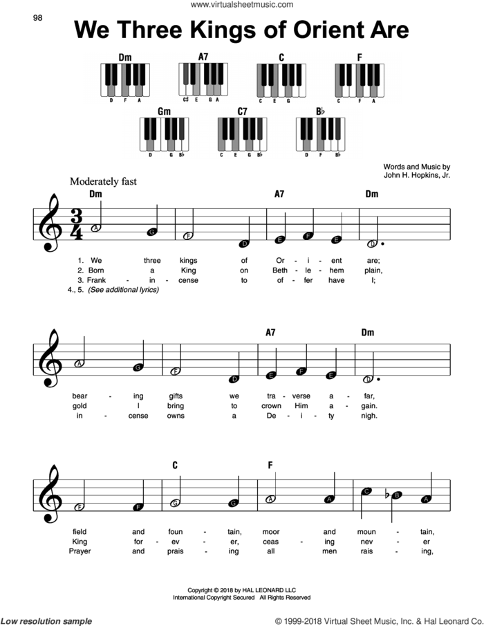 We Three Kings Of Orient Are sheet music for piano solo by John H. Hopkins, Jr., beginner skill level