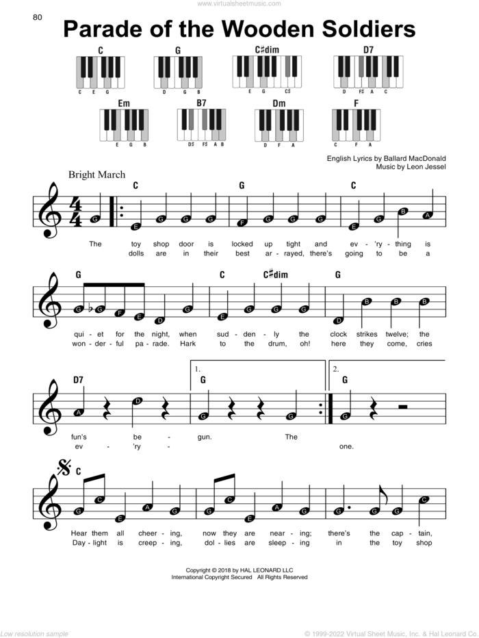 Parade Of The Wooden Soldiers, (beginner) sheet music for piano solo by Ballard MacDonald and Leon Jessel, beginner skill level
