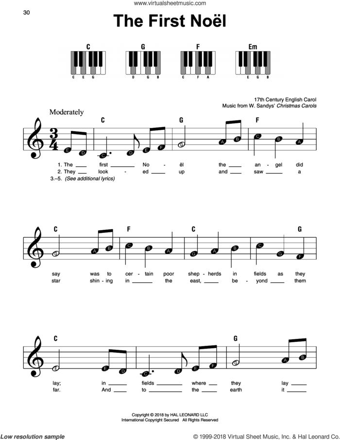 The First Noel sheet music for piano solo by W. Sandys' Christmas Carols and Miscellaneous, beginner skill level