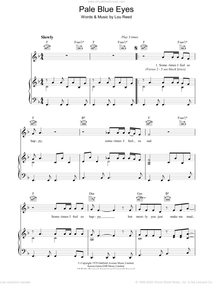 Pale Blue Eyes sheet music for voice, piano or guitar by Lou Reed, intermediate skill level