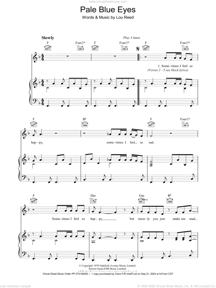 Pale Blue Eyes sheet music for voice, piano or guitar by Lou Reed, intermediate skill level