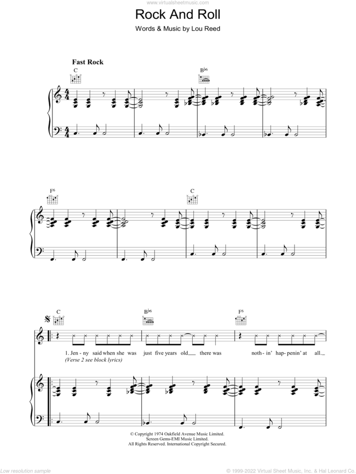 Rock And Roll sheet music for voice, piano or guitar by Lou Reed, intermediate skill level