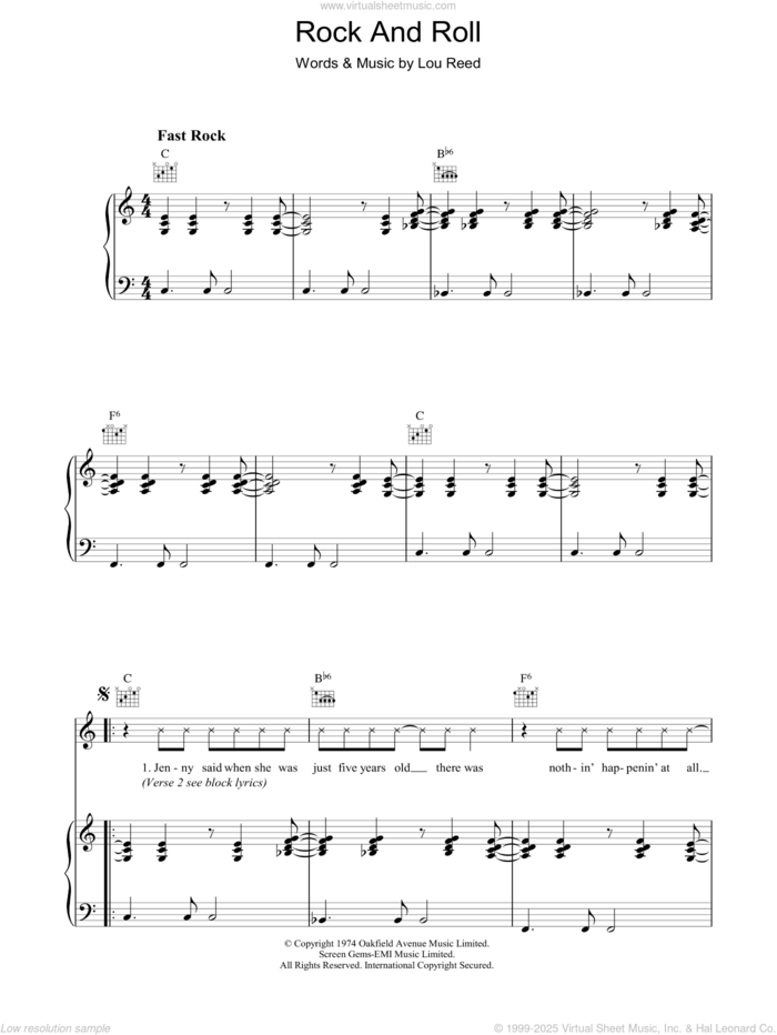 Rock And Roll sheet music for voice, piano or guitar by Lou Reed, intermediate skill level