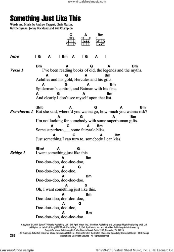 Something Just Like This sheet music for guitar (chords) by The Chainsmokers & Coldplay, Coldplay, Andrew Taggart, Chris Martin, Guy Berryman, Jonny Buckland and Will Champion, intermediate skill level