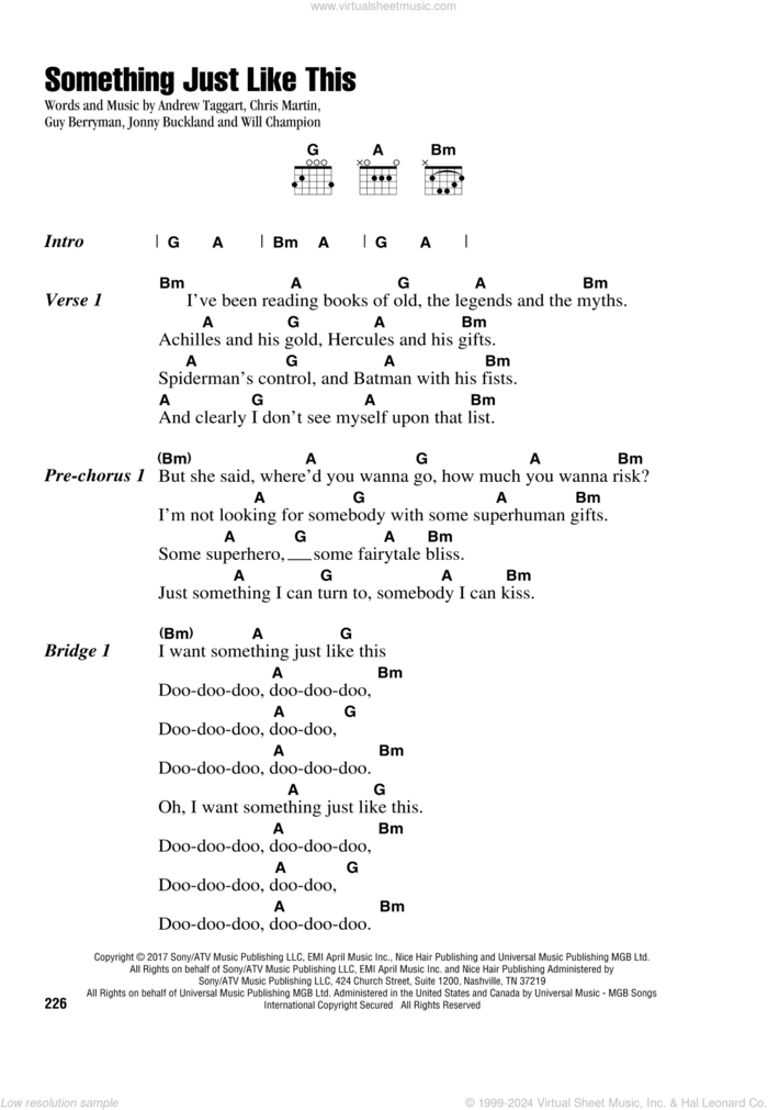 Something Just Like This sheet music for guitar (chords) by The Chainsmokers & Coldplay, Coldplay, Andrew Taggart, Chris Martin, Guy Berryman, Jonny Buckland and Will Champion, intermediate skill level