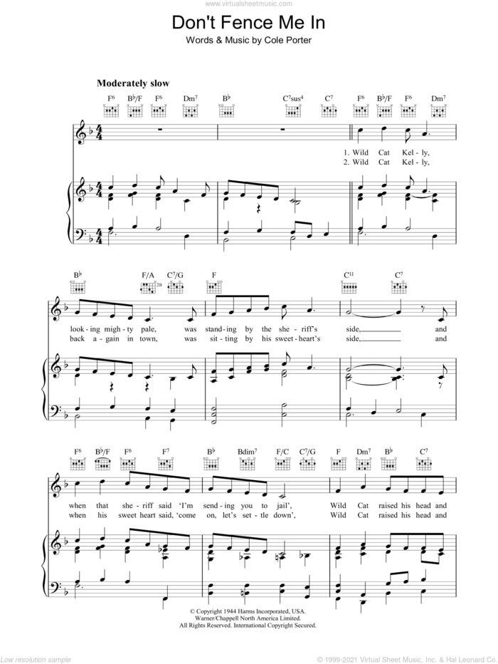 Don't Fence Me In sheet music for voice, piano or guitar by Cole Porter, intermediate skill level