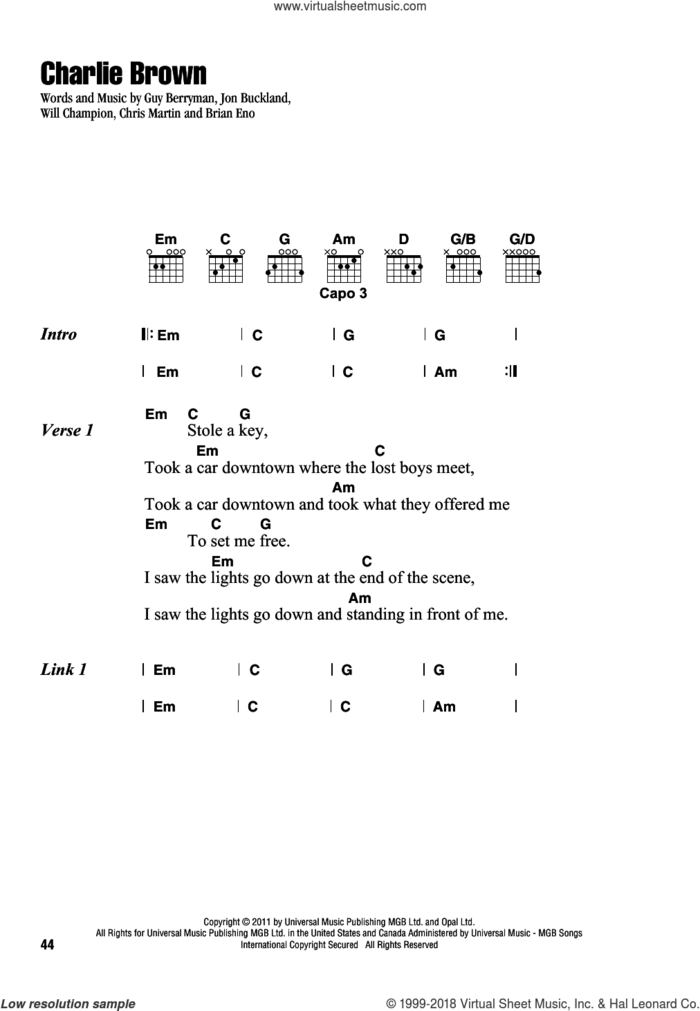 Charlie Brown sheet music for guitar (chords) by Guy Berryman, Coldplay, Brian Eno, Chris Martin, Jon Buckland and Will Champion, intermediate skill level