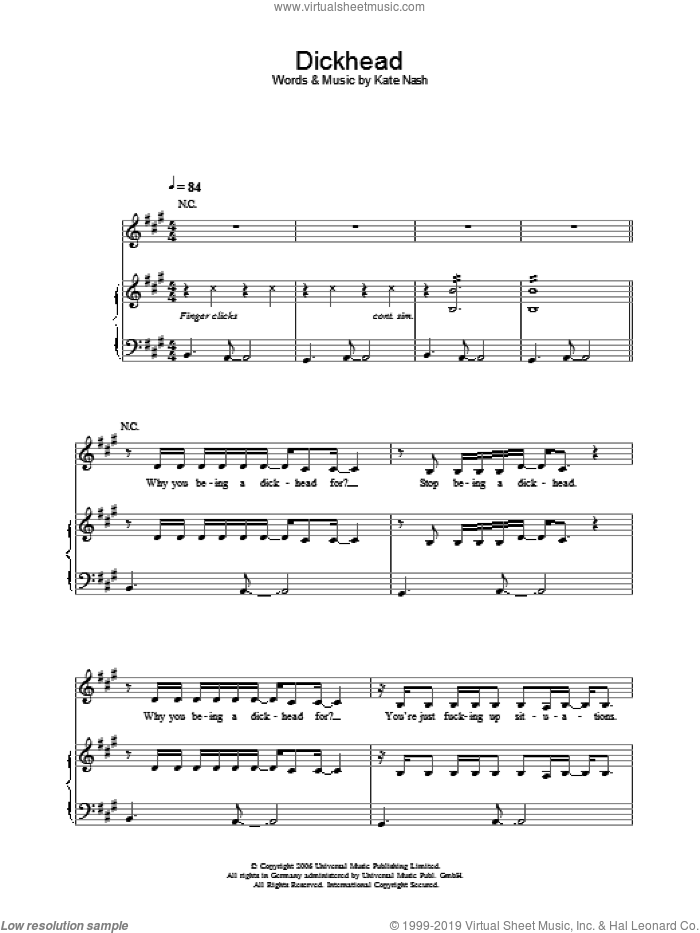 Dickhead sheet music for voice, piano or guitar by Kate Nash, intermediate skill level