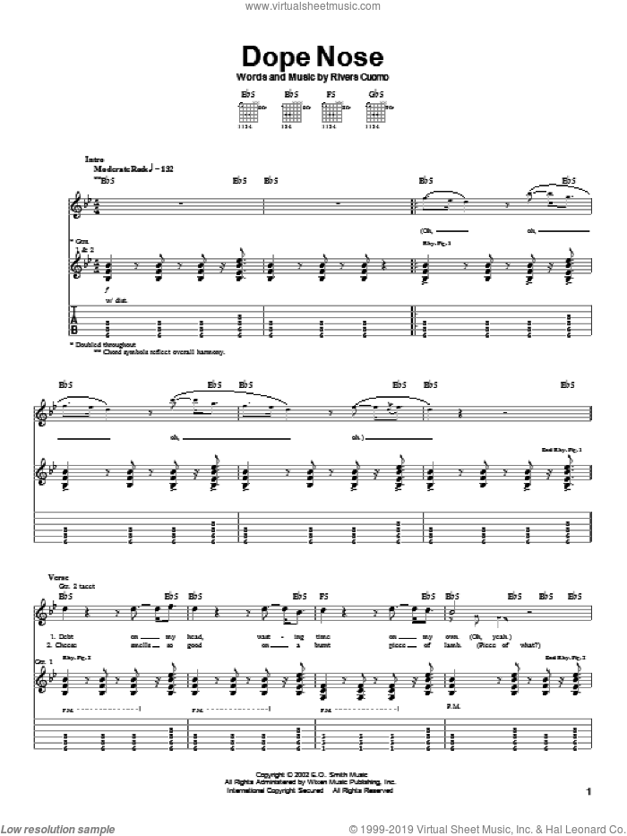 Dope Nose sheet music for guitar (tablature) by Weezer and Rivers Cuomo, intermediate skill level