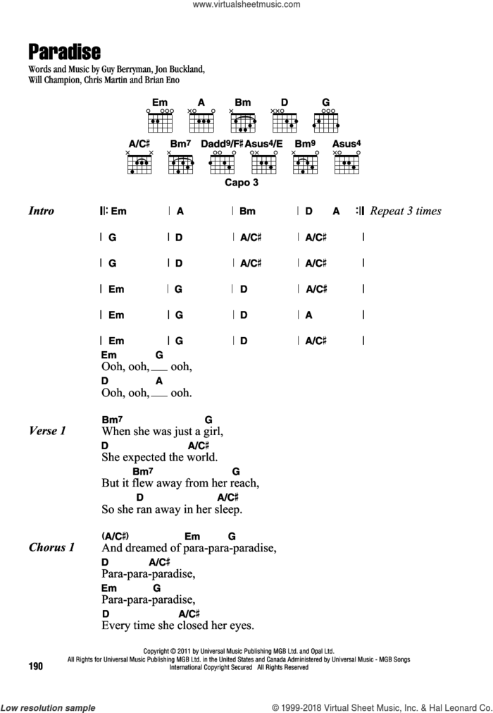 Paradise sheet music for guitar (chords) by Guy Berryman, Coldplay, Brian Eno, Chris Martin, Jon Buckland and Will Champion, intermediate skill level
