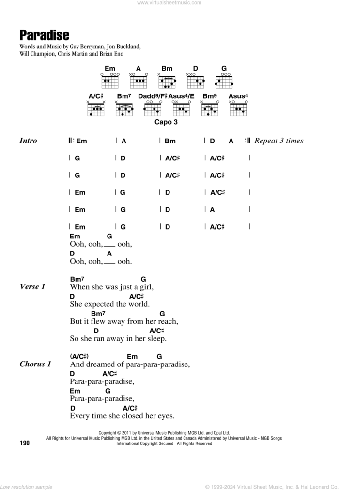 Paradise sheet music for guitar (chords) by Guy Berryman, Coldplay, Brian Eno, Chris Martin, Jon Buckland and Will Champion, intermediate skill level