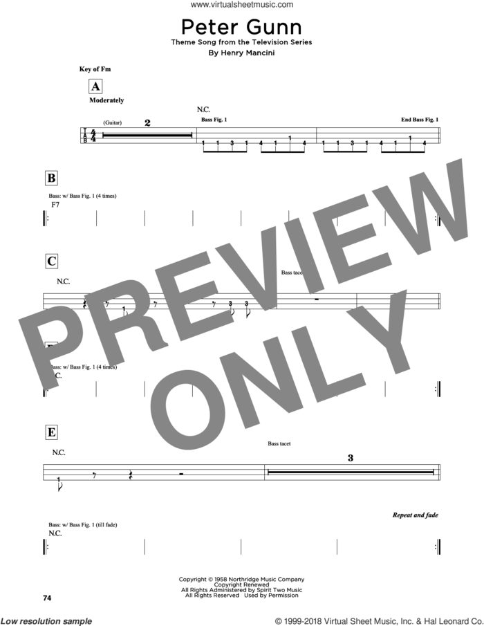 Peter Gunn sheet music for bass solo by Henry Mancini, intermediate skill level