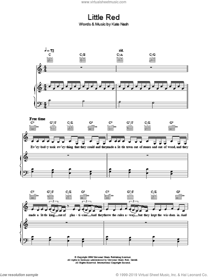 Little Red sheet music for voice, piano or guitar by Kate Nash, intermediate skill level