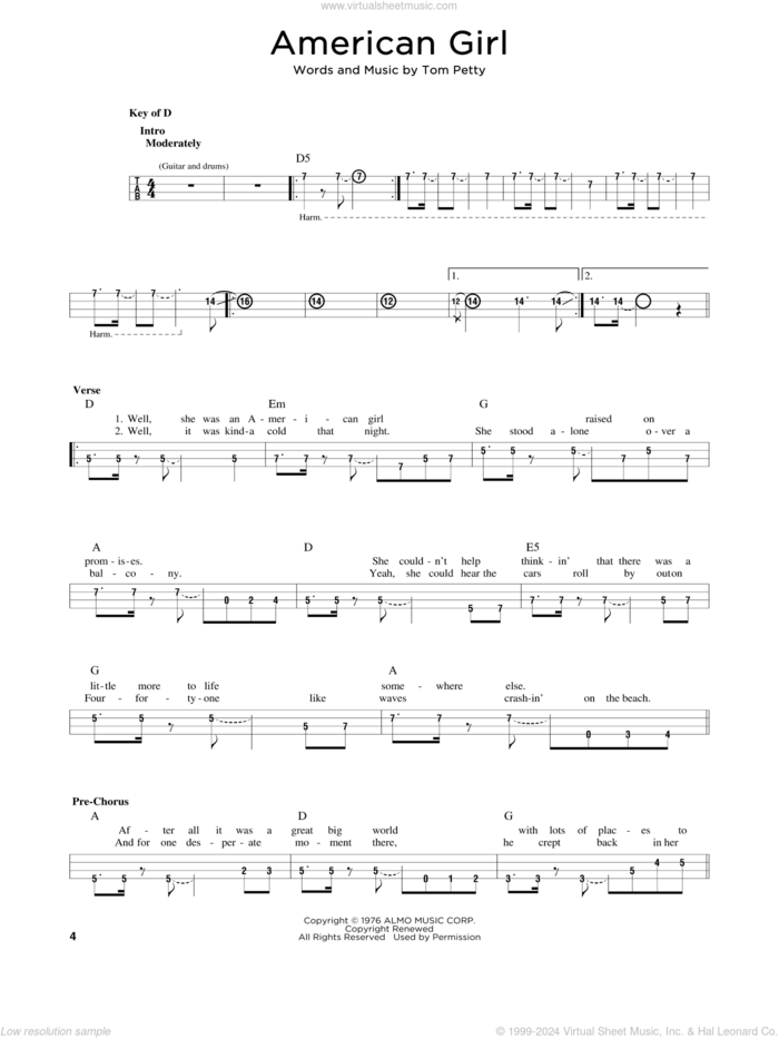 American Girl sheet music for bass solo by Tom Petty, intermediate skill level