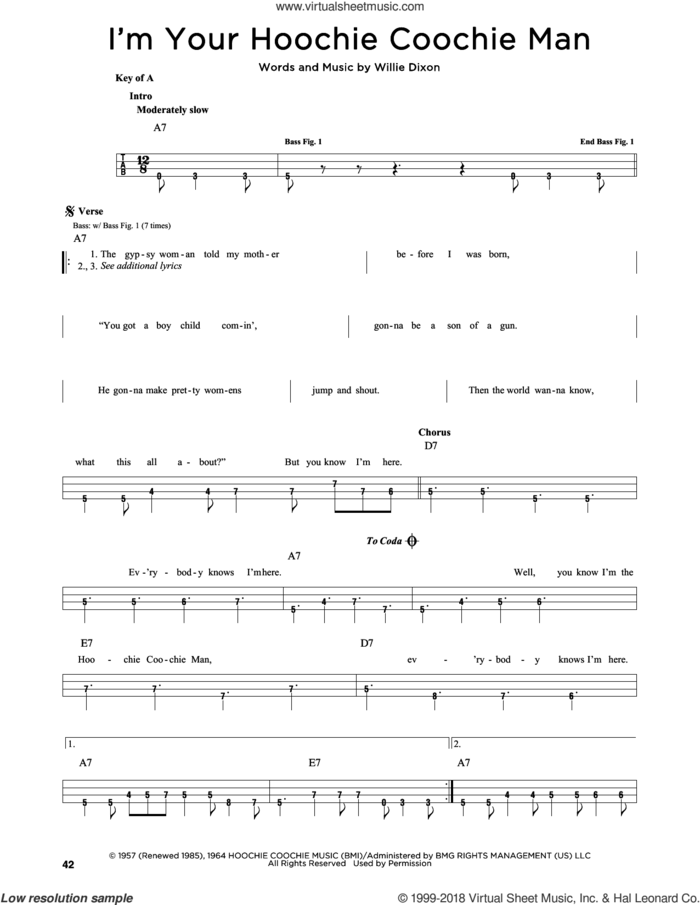 I'm Your Hoochie Coochie Man sheet music for bass solo by Muddy Waters, Jimi Hendrix and Willie Dixon, intermediate skill level