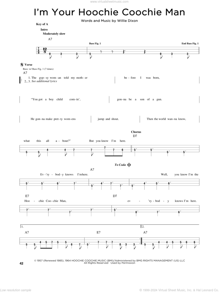 I'm Your Hoochie Coochie Man sheet music for bass solo by Muddy Waters, Jimi Hendrix and Willie Dixon, intermediate skill level