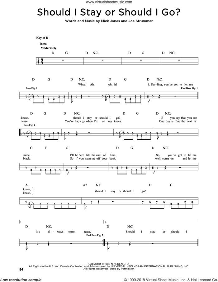 Should I Stay Or Should I Go sheet music for bass solo by The Clash, Joe Strummer and Mick Jones, intermediate skill level
