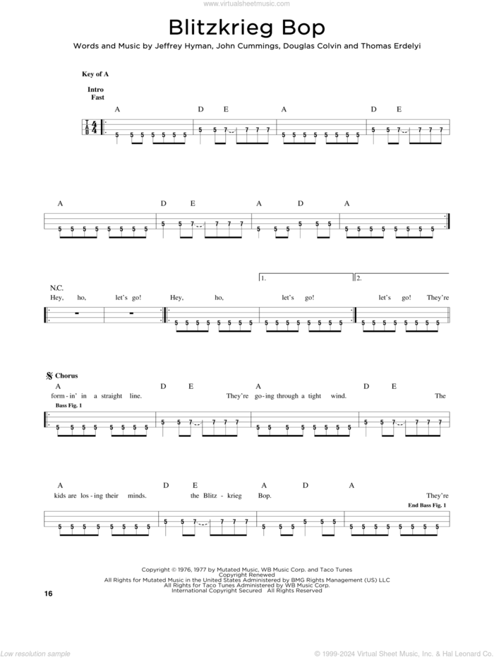 Blitzkrieg Bop sheet music for bass solo by The Ramones, Douglas Colvin, Jeffrey Hyman, John Cummings and Thomas Erdelyi, intermediate skill level