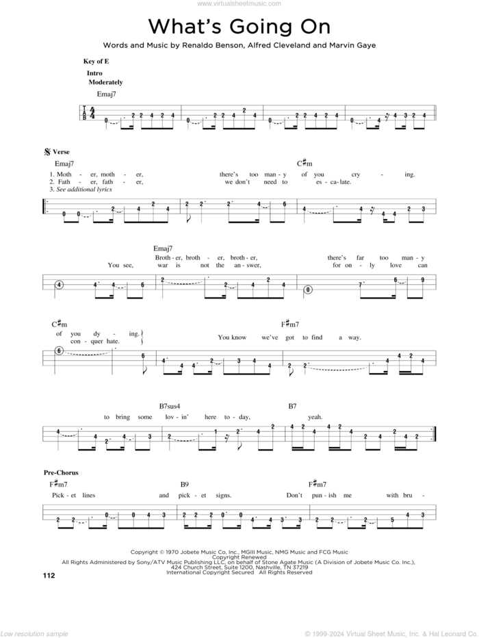 What's Going On sheet music for bass solo by Marvin Gaye, Al Cleveland and Renaldo Benson, intermediate skill level