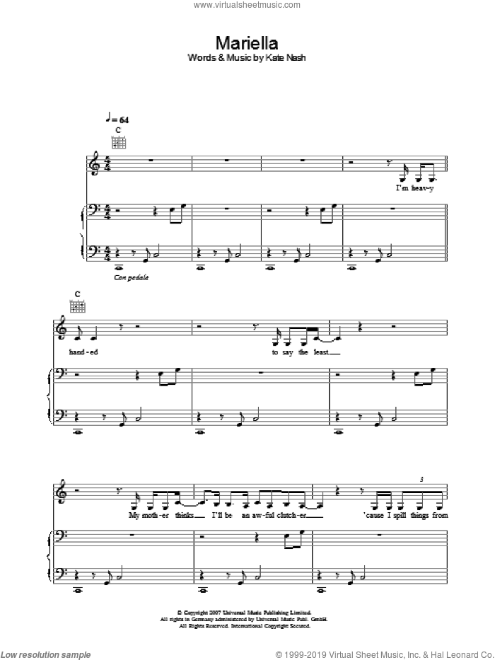 Mariella sheet music for voice, piano or guitar by Kate Nash, intermediate skill level