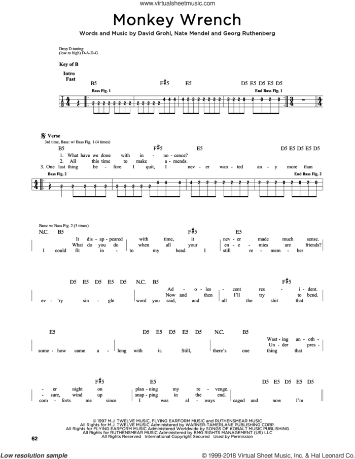 Monkey Wrench sheet music for bass solo by Foo Fighters, Dave Grohl, Georg Ruthenberg and Nate Mendel, intermediate skill level