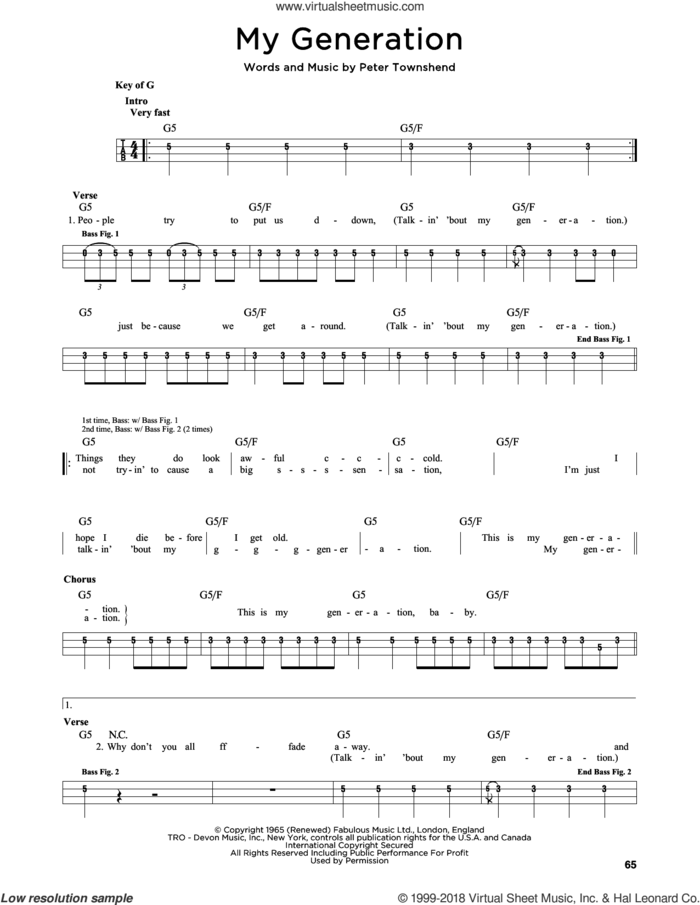My Generation sheet music for bass solo by The Who and Pete Townshend, intermediate skill level