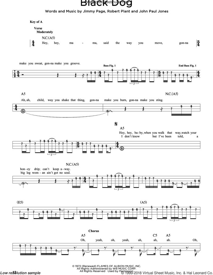 Black Dog sheet music for bass solo by Led Zeppelin, Jimmy Page, John Paul Jones and Robert Plant, intermediate skill level