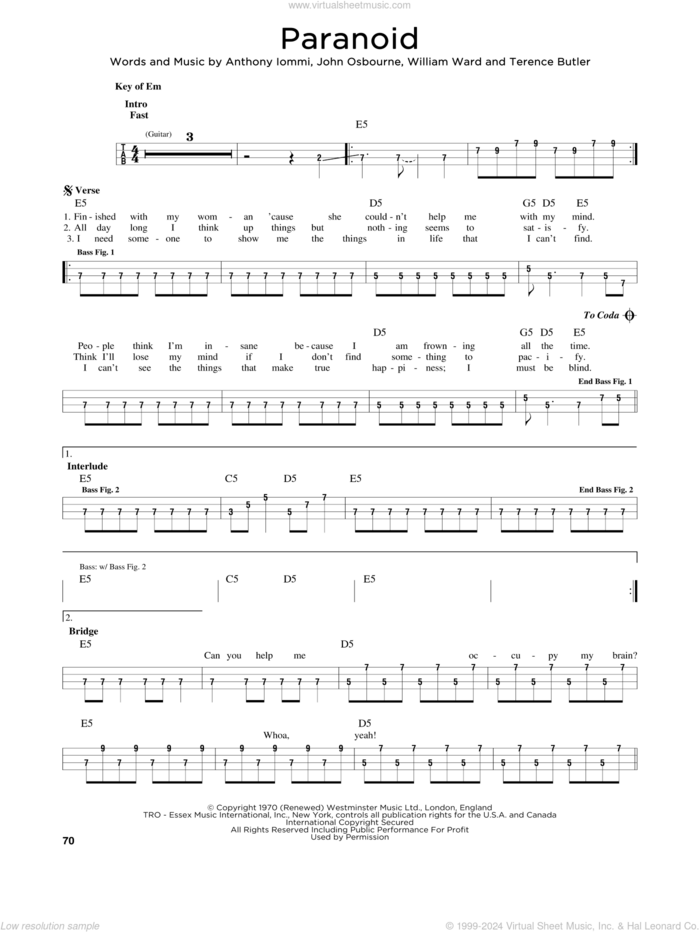 Paranoid sheet music for bass solo by Black Sabbath, Anthony Iommi, John Osbourne, Terence Butler and William Ward, intermediate skill level