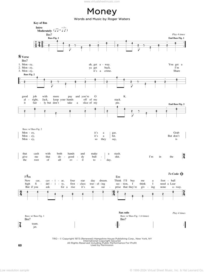 Money sheet music for bass solo by Pink Floyd and Roger Waters, intermediate skill level