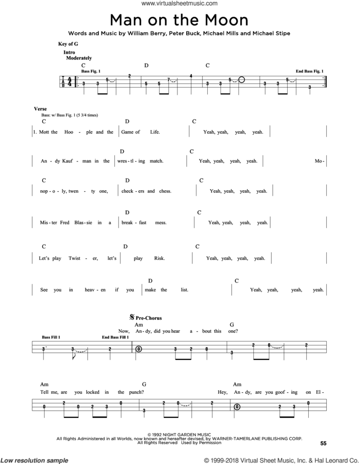 Man On The Moon sheet music for bass solo by R.E.M., Michael Stipe, Mike Mills, Peter Buck and William Berry, intermediate skill level