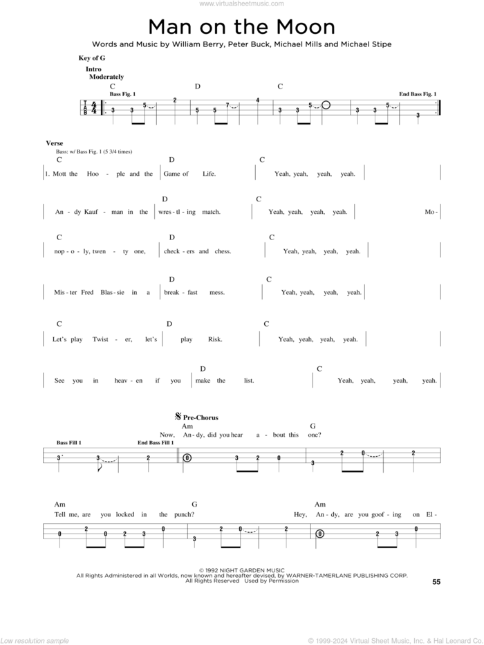 Man On The Moon sheet music for bass solo by R.E.M., Michael Stipe, Mike Mills, Peter Buck and William Berry, intermediate skill level