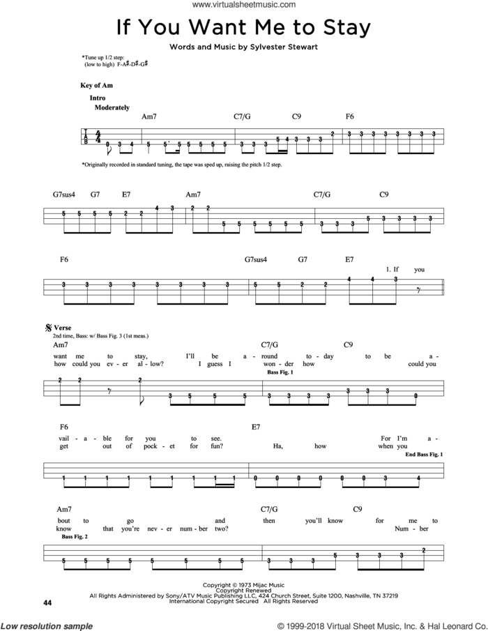 If You Want Me To Stay sheet music for bass solo by Sly & The Family Stone, Red Hot Chili Peppers and Sylvester Stewart, intermediate skill level