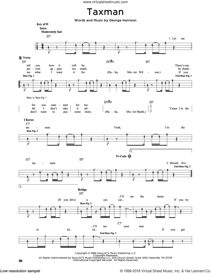 Taxman sheet music for bass solo by The Beatles and George Harrison, intermediate skill level