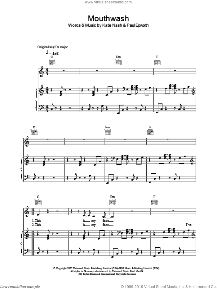 Mouthwash sheet music for voice, piano or guitar by Kate Nash and Paul Epworth, intermediate skill level
