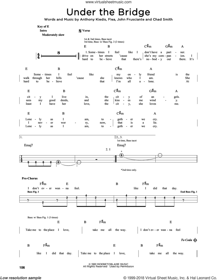 Under The Bridge sheet music for bass solo by Red Hot Chili Peppers, Anthony Kiedis, Chad Smith, Flea and John Frusciante, intermediate skill level
