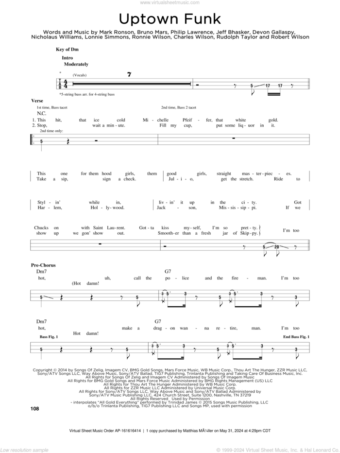 Uptown Funk (feat. Bruno Mars) sheet music for bass solo by Mark Ronson, Mark Ronson ft. Bruno Mars, Bruno Mars, Charles Wilson, Devon Gallaspy, Jeff Bhasker, Lonnie Simmons, Nicholaus Williams, Philip Lawrence, Robert Wilson, Ronnie Wilson and Rudolph Taylor, intermediate skill level