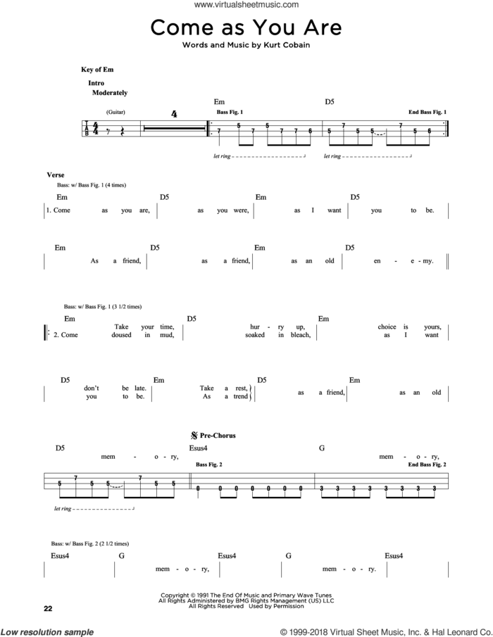 Come As You Are sheet music for bass solo by Nirvana and Kurt Cobain, intermediate skill level