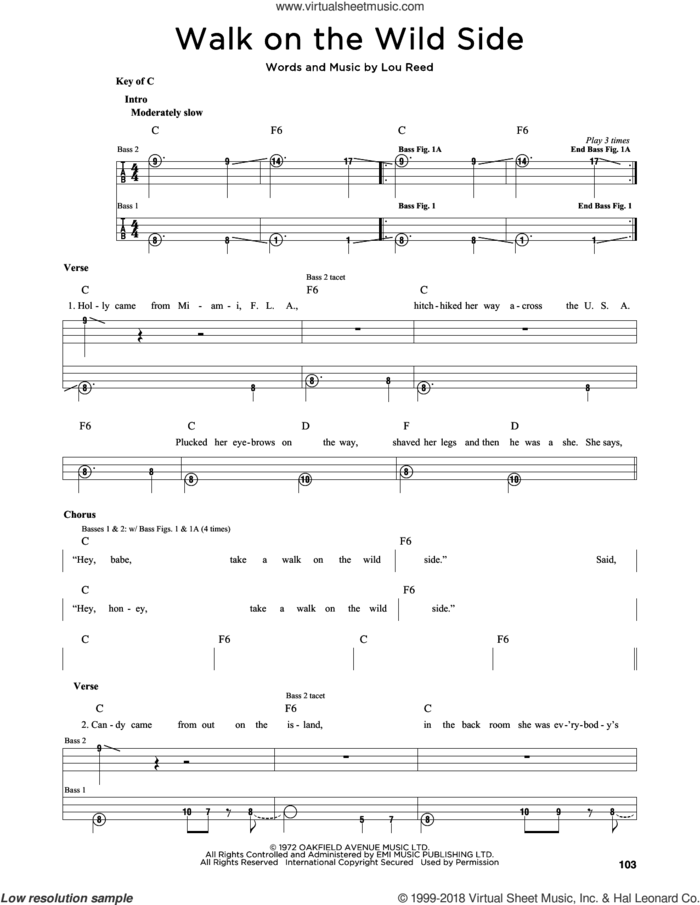Walk On The Wild Side sheet music for bass solo by Lou Reed, intermediate skill level