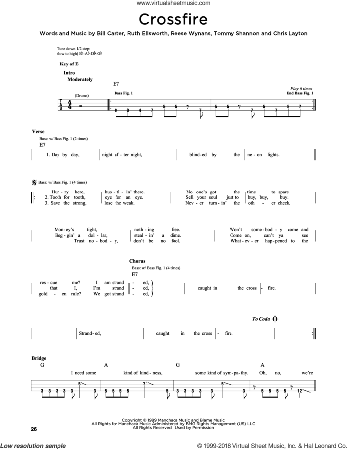 Crossfire sheet music for bass solo by Stevie Ray Vaughan, Bill Carter, Chris Layton, Reese Wynans, Ruth Ellsworth and Tommy Shannon, intermediate skill level