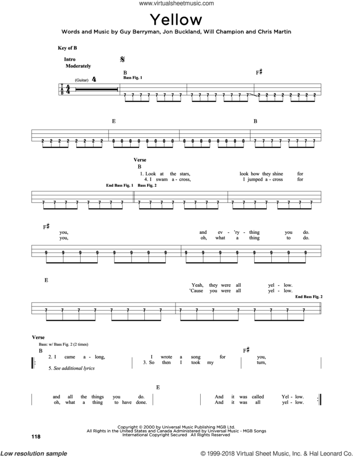 Yellow sheet music for bass solo by Guy Berryman, Coldplay, Chris Martin, Jon Buckland and Will Champion, intermediate skill level