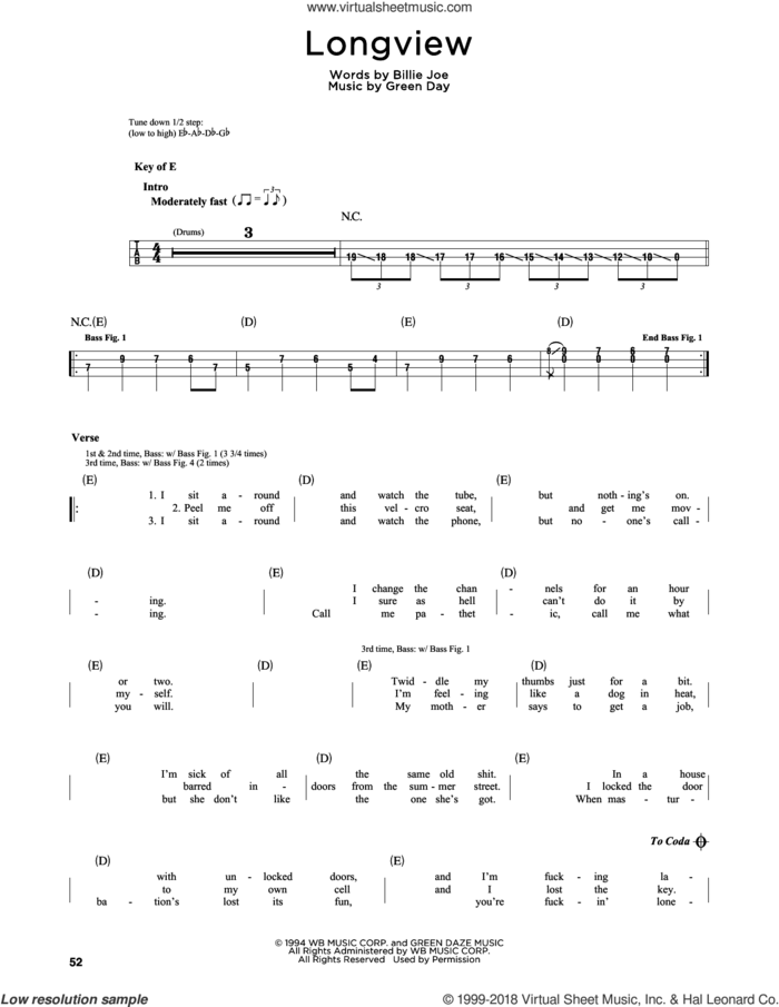 Longview sheet music for bass solo by Green Day and Billie Joe, intermediate skill level