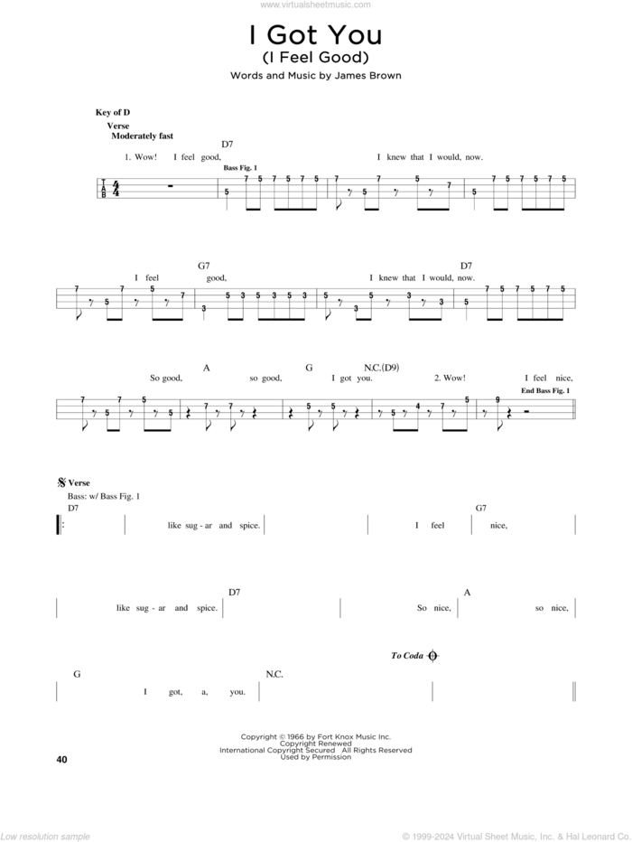 I Got You (I Feel Good) sheet music for bass solo by James Brown, intermediate skill level