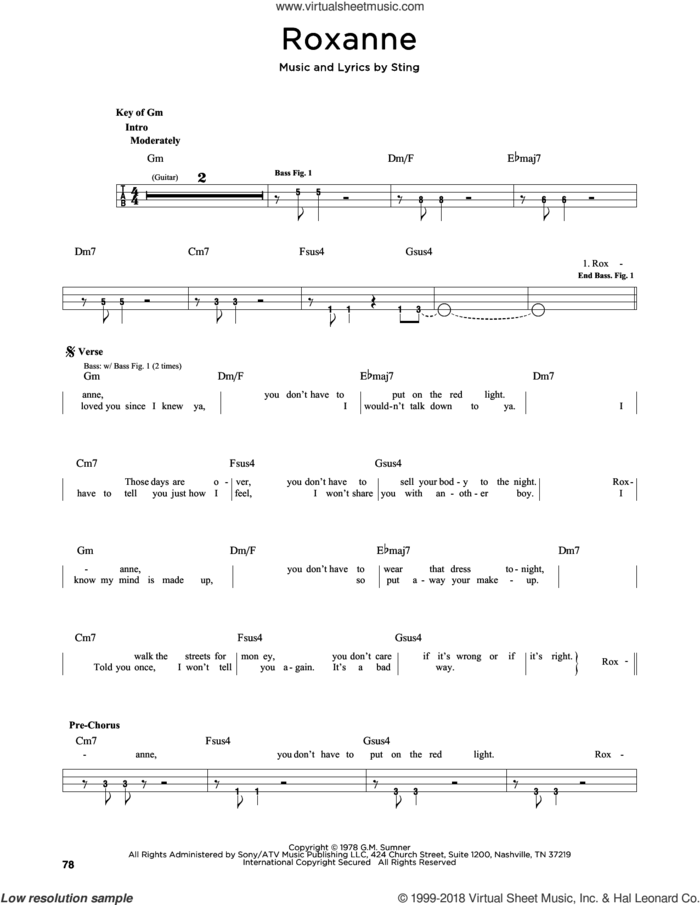 Roxanne sheet music for bass solo by The Police and Sting, intermediate skill level