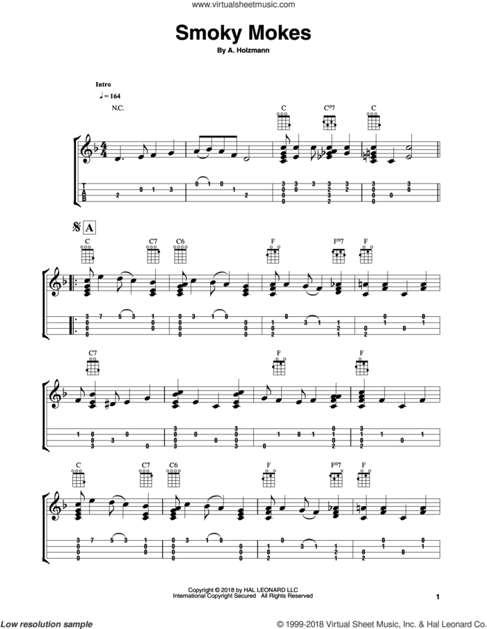 Smoky Mokes sheet music for ukulele (easy tablature) (ukulele easy tab) by Fred Sokolow and A. Holzmann, intermediate skill level