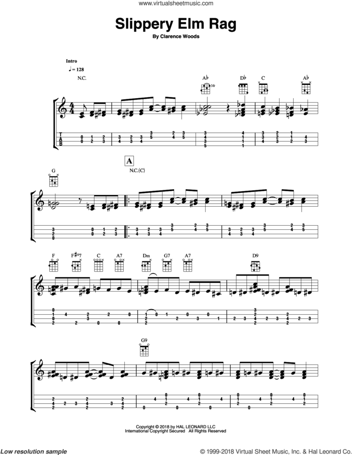 Slippery Elm Rag sheet music for ukulele (easy tablature) (ukulele easy tab) by Clarence Woods and Fred Sokolow, intermediate skill level