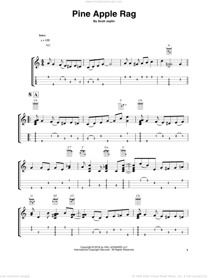 Pine Apple Rag sheet music for ukulele (easy tablature) (ukulele easy tab) by Scott Joplin and Fred Sokolow, intermediate skill level