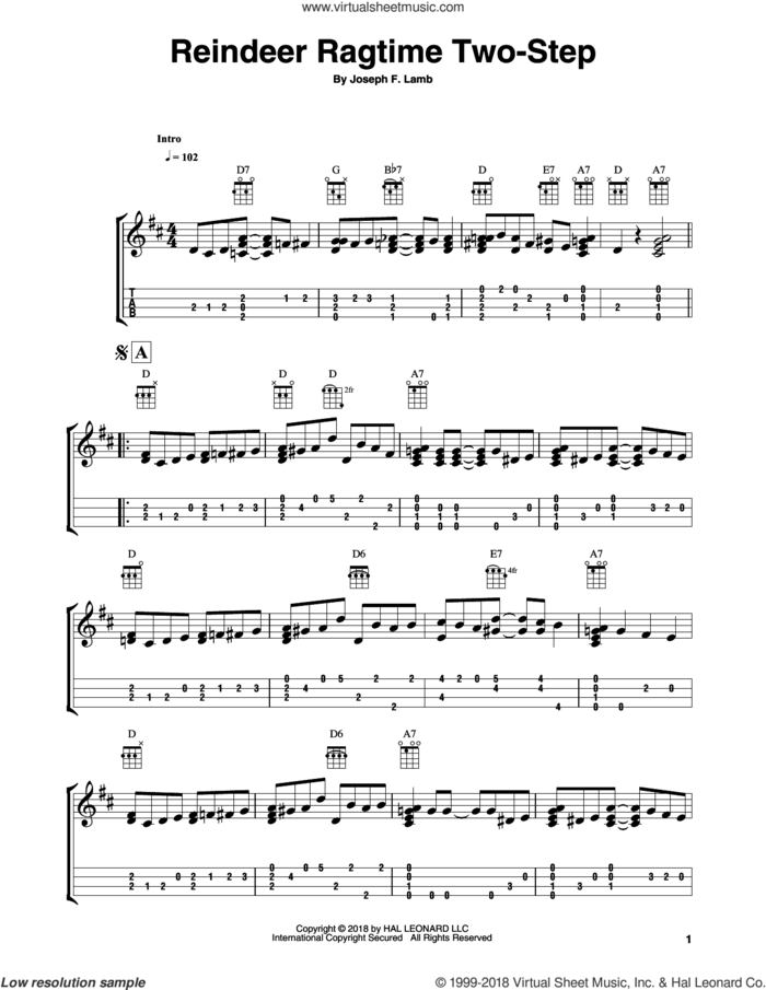 Reindeer Ragtime Two-Step (arr. Fred Sokolow) sheet music for ukulele (easy tablature) (ukulele easy tab) by Joseph Lamb and Fred Sokolow, intermediate skill level